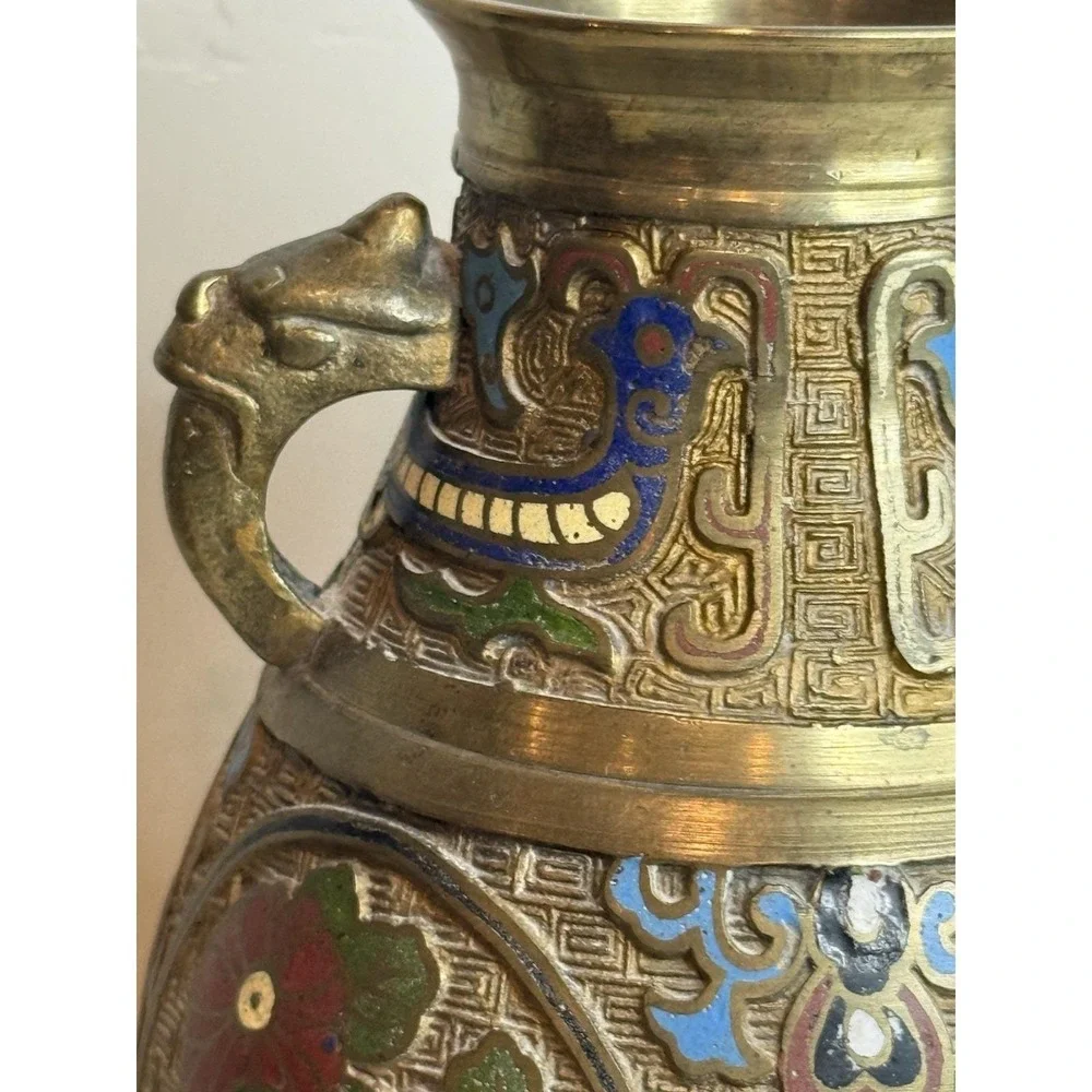 Vintage Japanese Champleve Enamel Brass Bronze Vase Urn Dragon Handle Antique